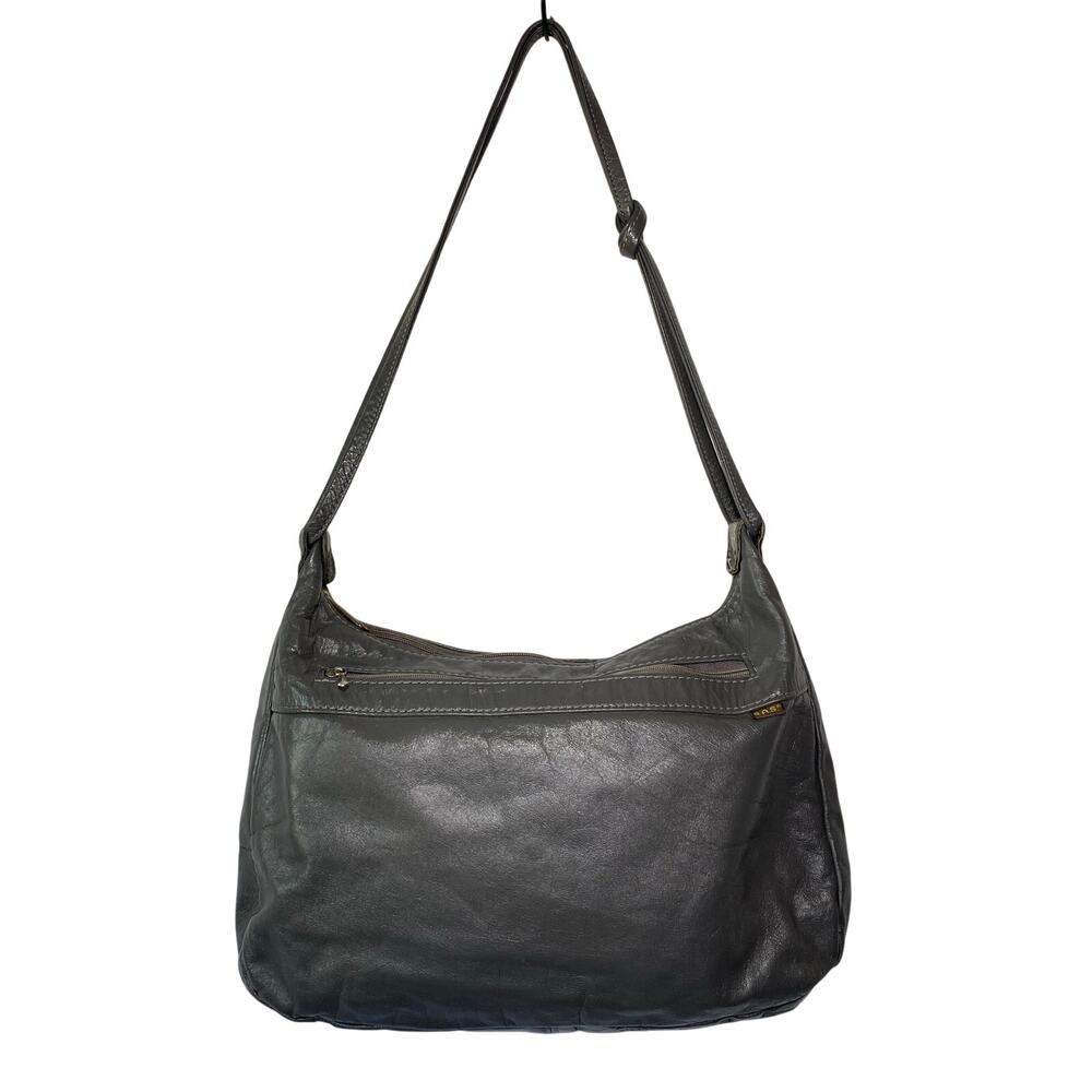 SAS 90s Vintage Gray Leather Four Pocket Knot Strap Shoulder Bag Minimalist